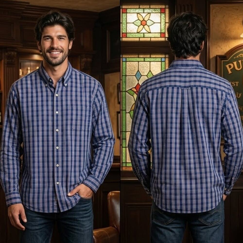 CHAPS Men's XL Navy Blue Plaid Long Sleeve Button Down Stretch Shirt